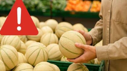 Personne choisissant un melon dans un supermarché avec un emoji d’avertissement rouge affiché sur l’image.