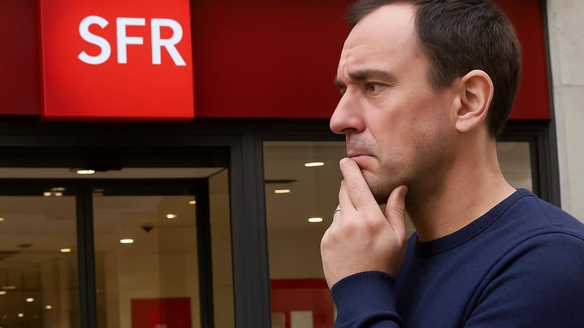 Homme préoccupé regardant la devanture d'une boutique SFR.