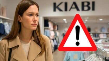 Femme inquiète observant les rayons de vêtements pour enfants dans un magasin Kiabi, avec un panneau de danger.