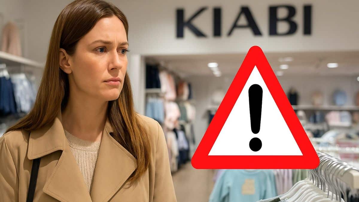 Femme inquiète observant les rayons de vêtements pour enfants dans un magasin Kiabi, avec un panneau de danger.