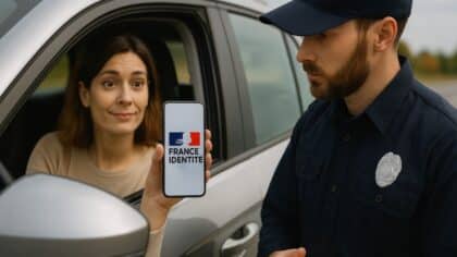 Une femme présente l’application France Identité pour montrer sa carte grise sur son téléphone lors d’un contrôle routier par un policier.
