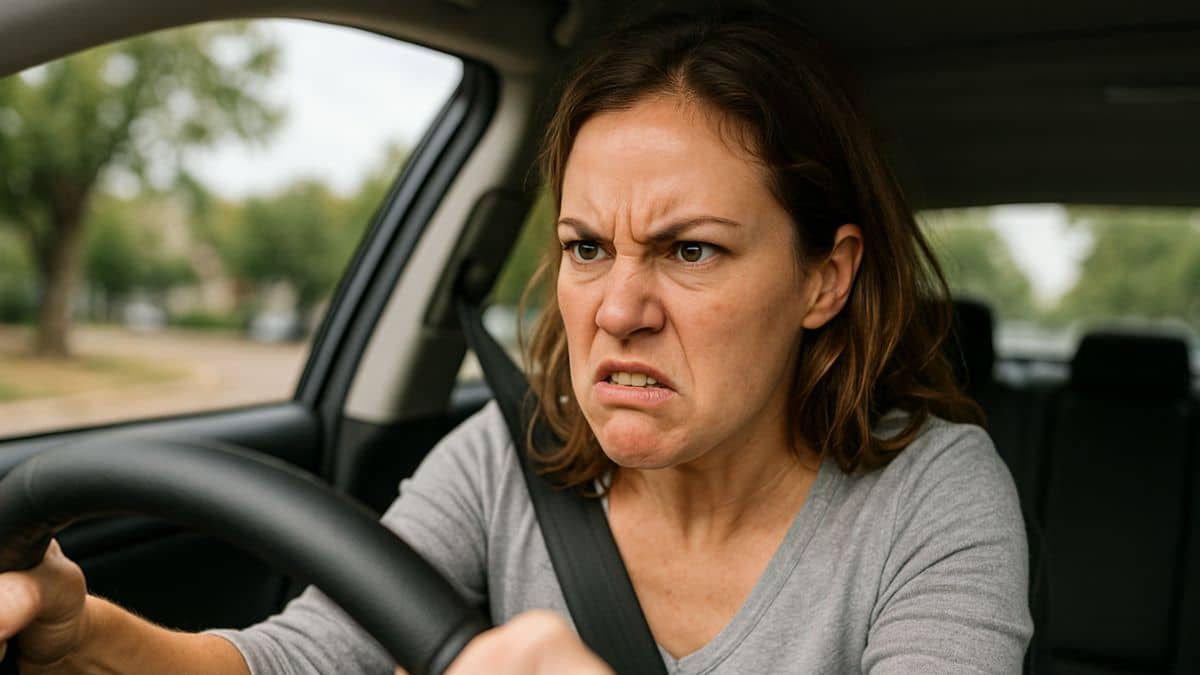Une femme agacée face à un dos-d'âne