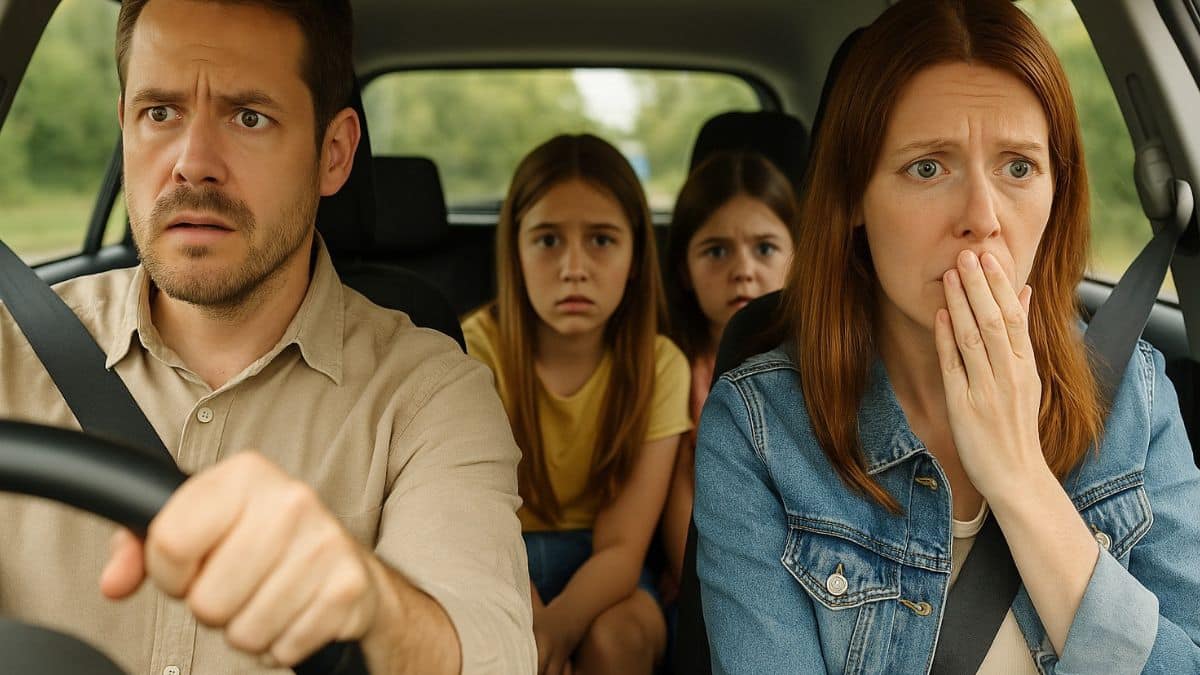 Une famille inquiète à propos de la circulation à bord d’une voiture avant de prendre la route pour les vacances.