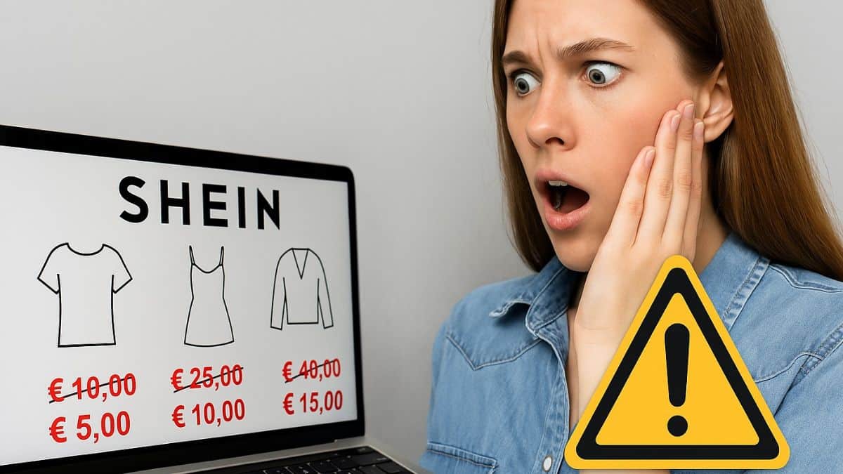Une femme choquée découvre les prix barrés et les réductions affichées sur le site Shein via son ordinateur portable.