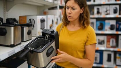 Une femme examine une friteuse dans un supermarché, l'air indécis.