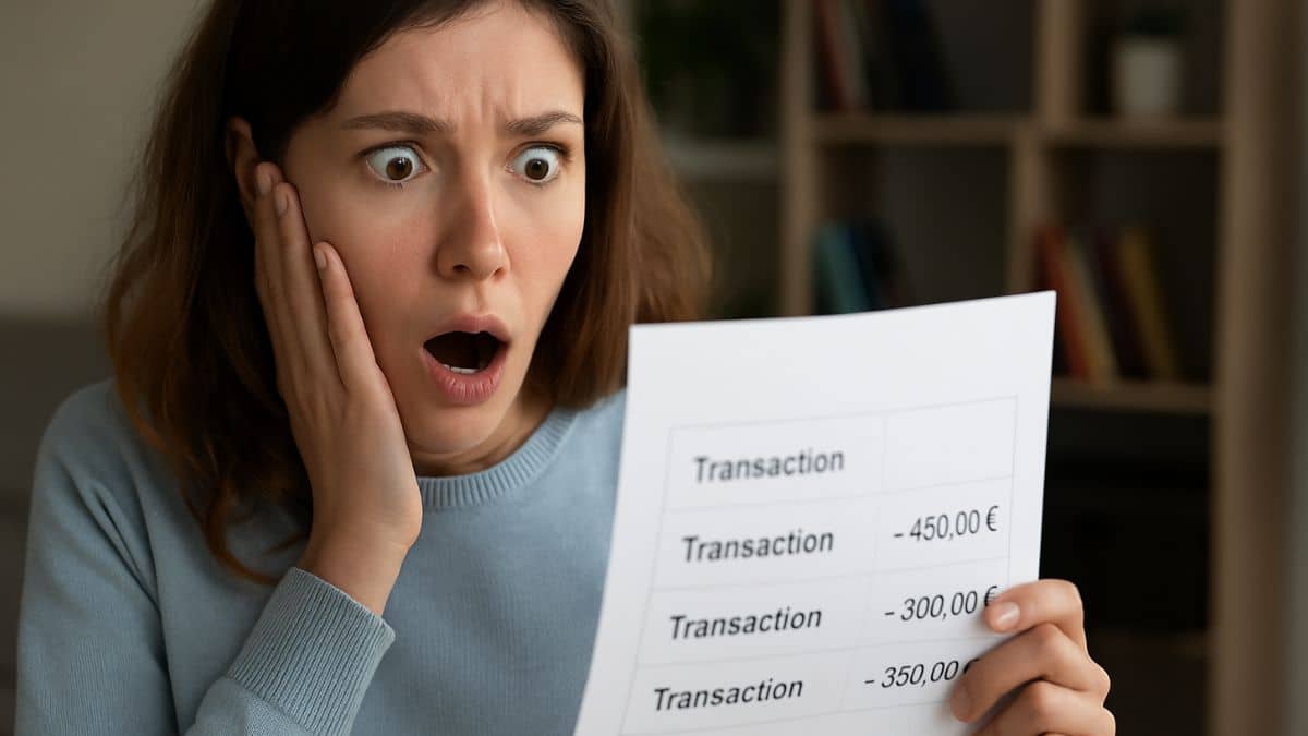 Femme choquée découvrant des transactions bancaires suspectes sur son relevé de compte.
