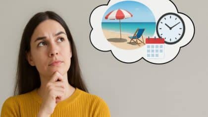 Jeune femme pensive imaginant ses vacances avec un calendrier et une montre dans une bulle.