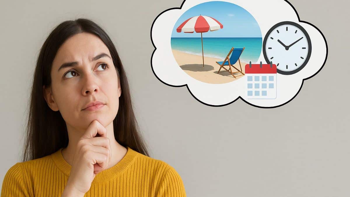 Jeune femme pensive imaginant ses vacances avec un calendrier et une montre dans une bulle.