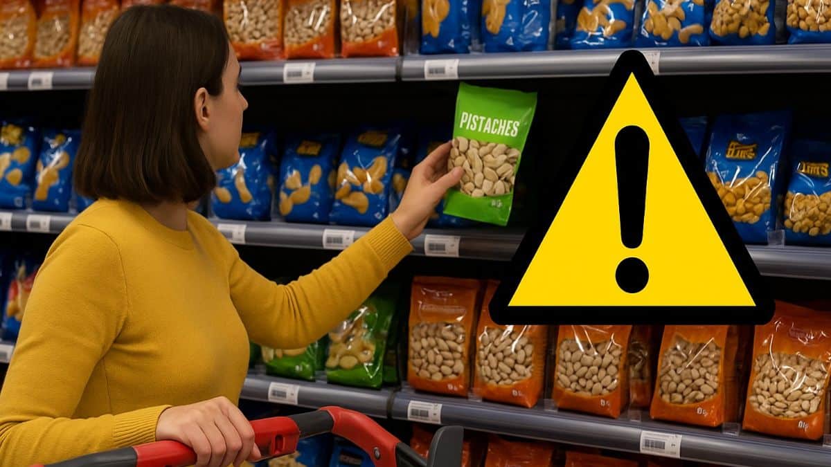 Une femme prend un sachet de pistaches dans un rayon apéritif, avec un symbole de danger en surimpression.