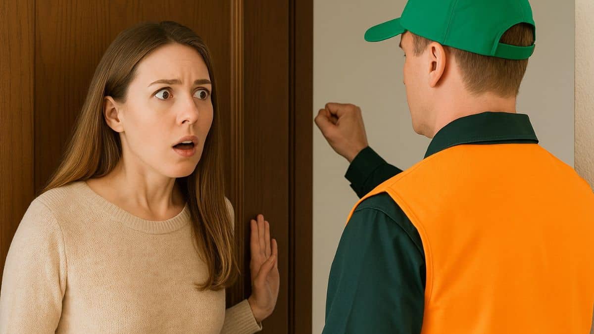 Une femme surprise de voir un faux agent municipal frapper à sa porte avec un gilet orange. Probablement auteur d'une arnaque.