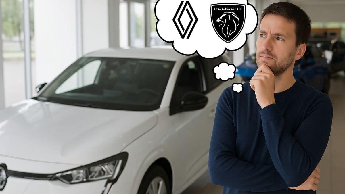 Homme en concession automobile hésitant entre Renault et Peugeot pour l’achat d’une voiture électrique.