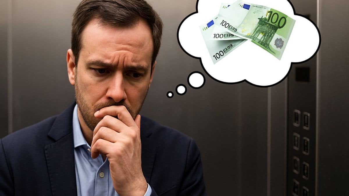 Un homme soucieux dans un ascenseur pense à ses dépenses avec des billets d’euros dans une bulle.