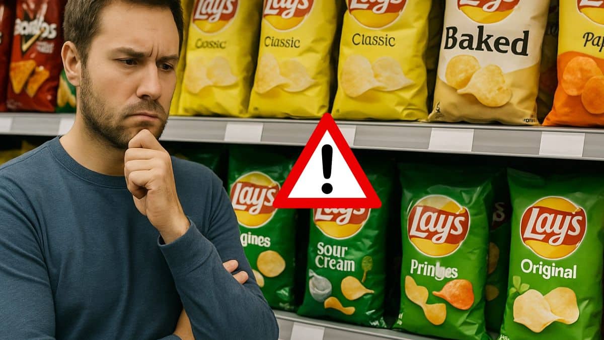 Un homme hésite devant plusieurs paquets de chips Lay’s dans un supermarché.