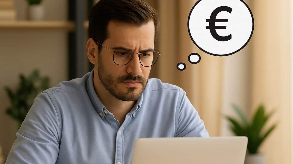 Un homme concentré sur son assurance vie devant son ordinateur avec une bulle contenant un symbole euro au-dessus de sa tête