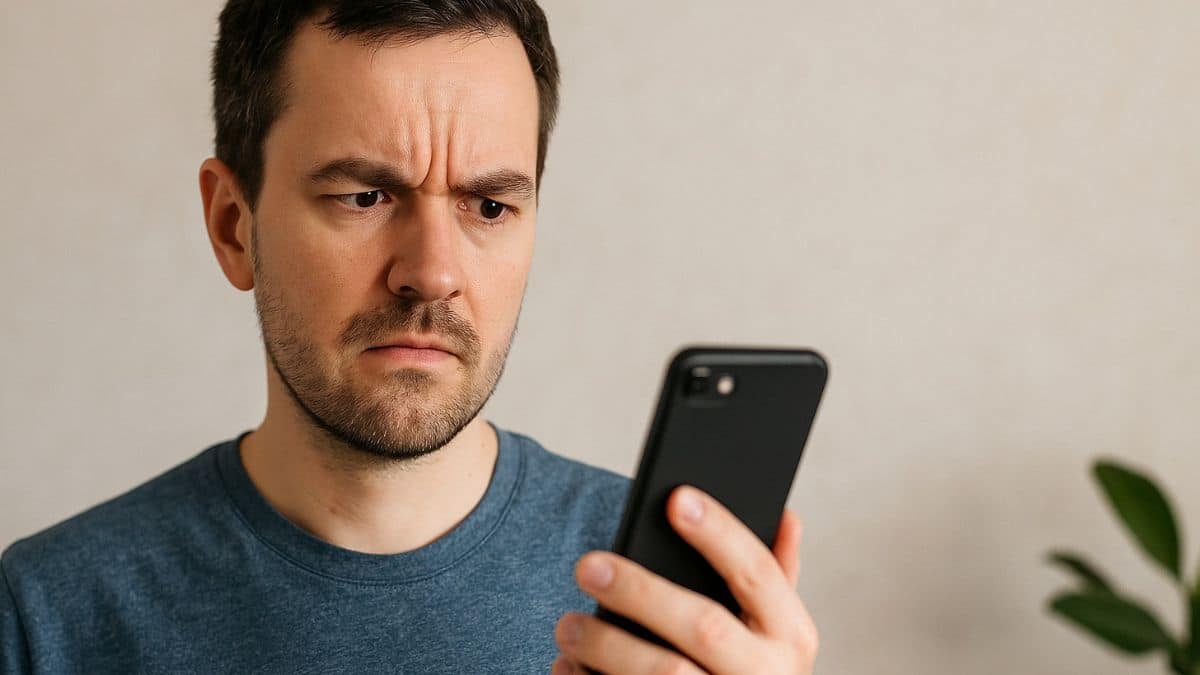 Un homme méfiant regarde son téléphone, soupçonnant un SMS arnaque, sur fond neutre sans message visible.