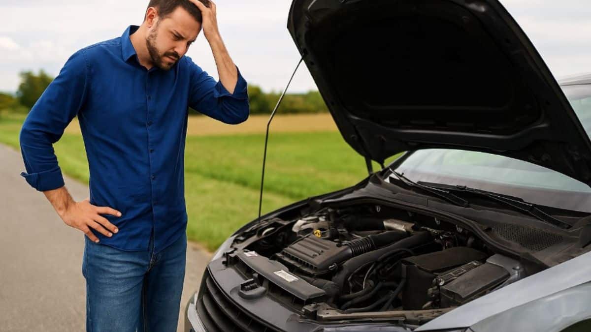Un homme en panne sur le bord de la route regarde son moteur diesel avec inquiétude.