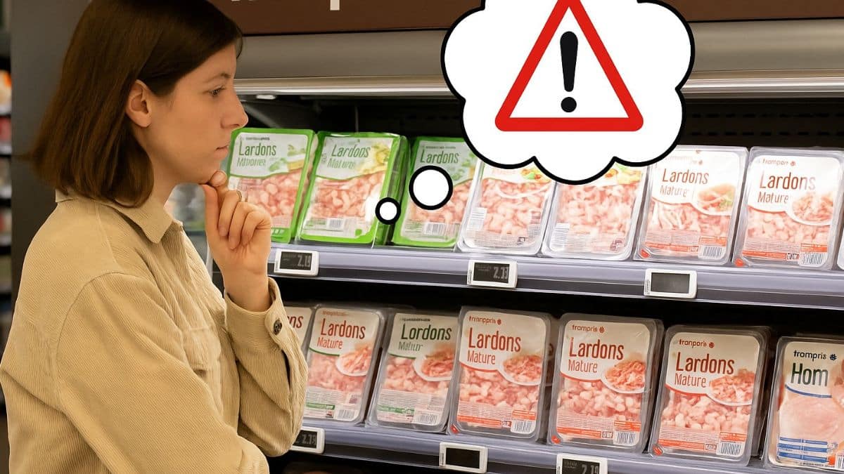 Femme hésitante devant des lardons en rayon chez Franprix avec une alerte de danger dans une bulle.