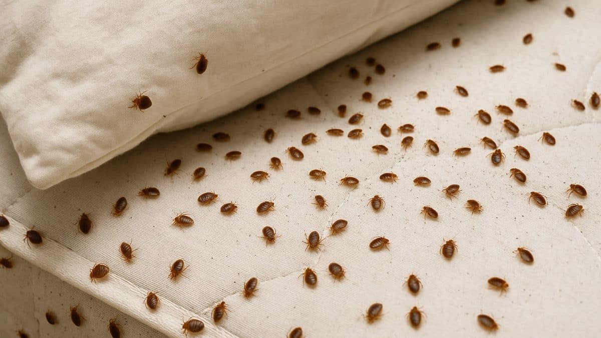 Un lit infesté de punaises de lit visibles sur le matelas et l’oreiller.