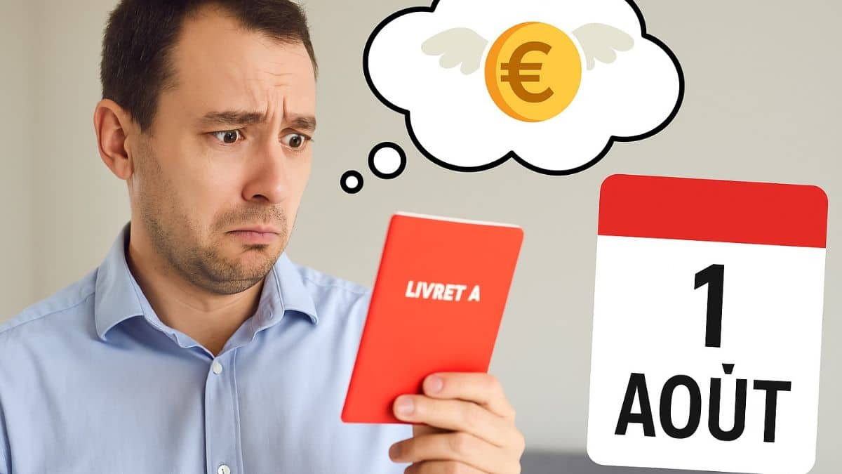 Un homme regarde son Livret A avec inquiétude, une bulle montre un euro avec des ailes, symbole de perte d’argent, et un calendrier indique le 1er août.