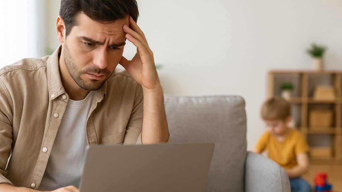 Père préoccupé dans sa quête d'emploi devant son ordinateur portable pendant que son enfant joue avec des jouets en arrière-plan.