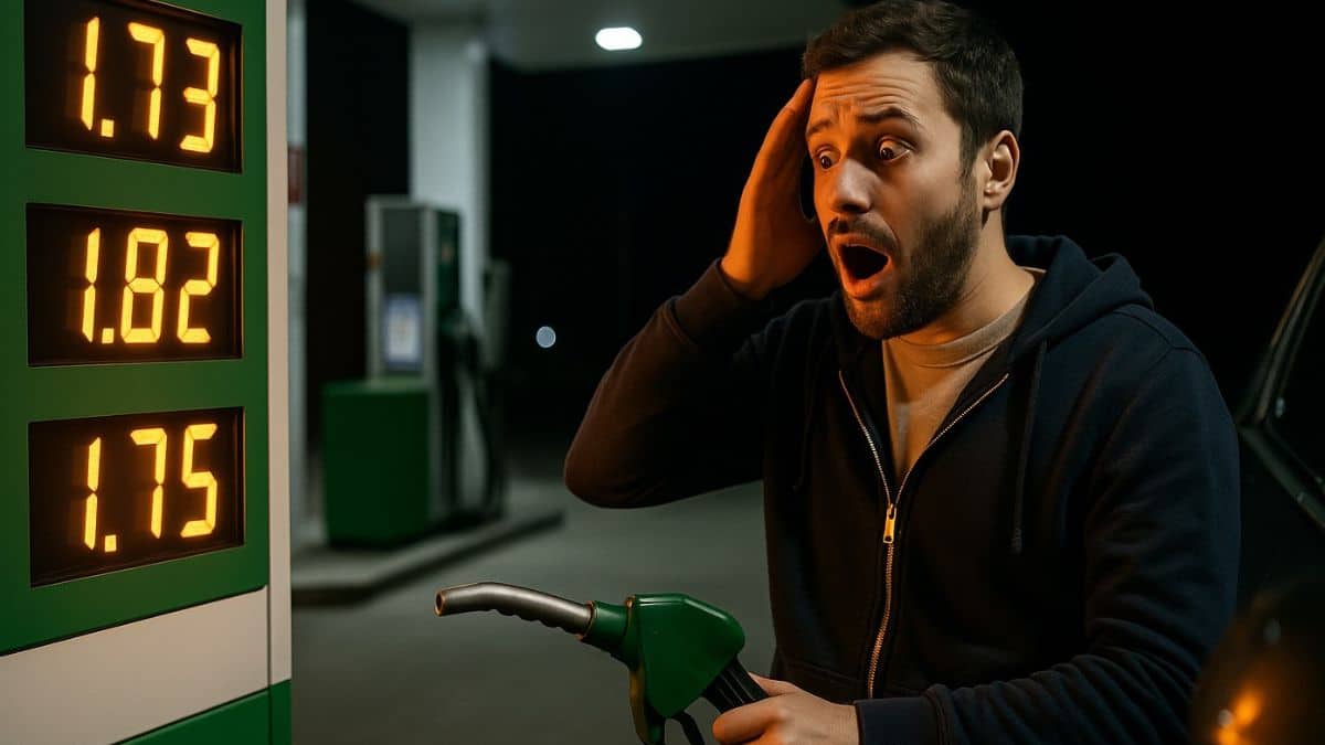 Homme surpris par le prix du carburant en pleine nuit dans une station-service.