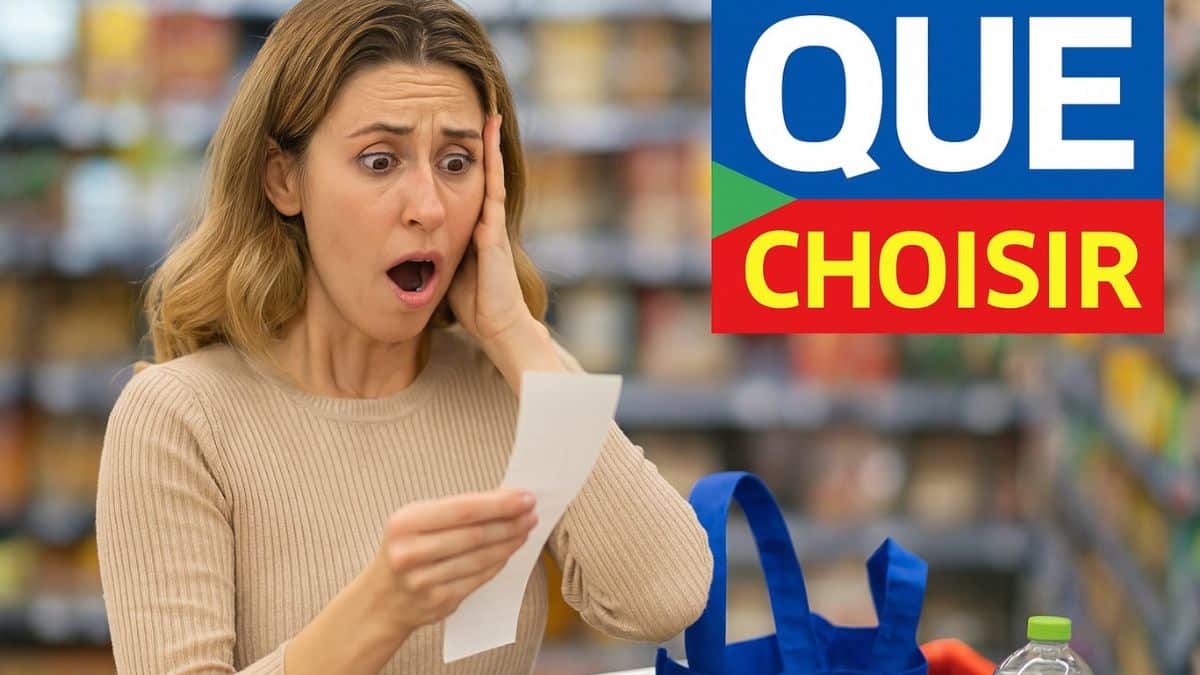 Une femme choquée en découvrant le montant de son ticket de caisse au supermarché, à côté d’un logo Que Choisir.