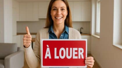 Femme souriante tenant une pancarte rouge “À LOUER” dans un appartement lumineux prêt à être mis en location grâce à son nouveau DPE.
