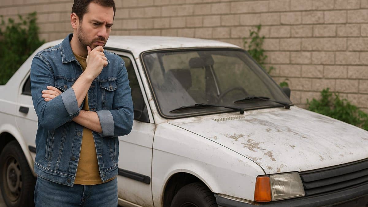Un homme pensif en jean regarde sa vieille voiture abîmée, se demandant quoi en faire après un refus au contrôle technique.