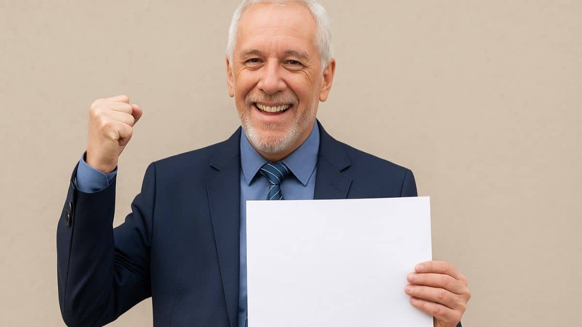 Un homme senior souriant en costume lève le poing de joie en tenant une feuille blanche, symbole d'une opportunité d'emploi.