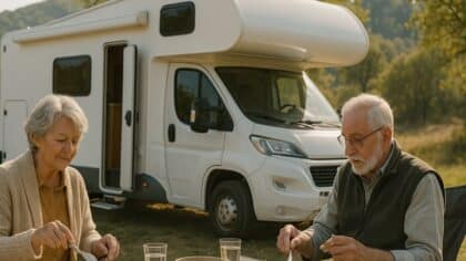 Deux retraités dînent devant leur camping-car.