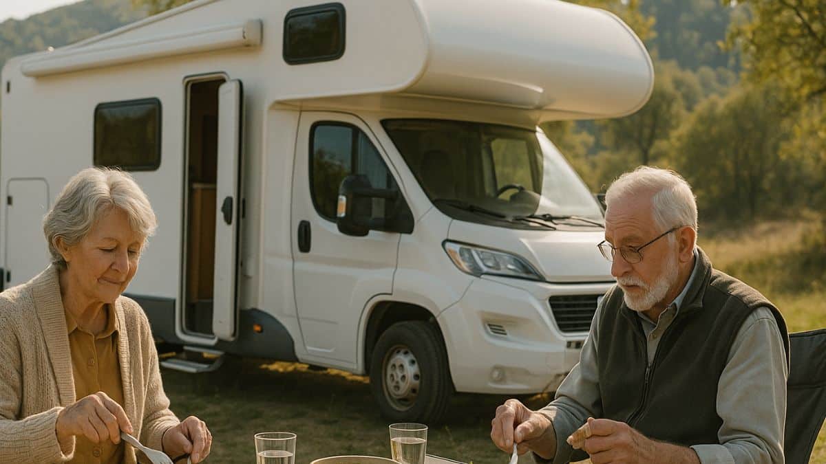 Deux retraités dînent devant leur camping-car.