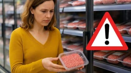 Femme préoccupée examinant des steaks hachés en magasin avec un panneau de danger à côté d’elle.