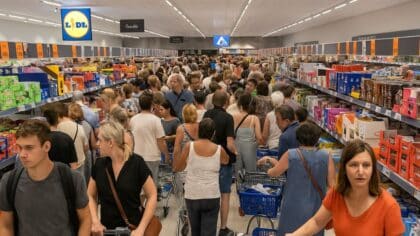 Supermarché Lidl bondé de clients pendant l’été, rayons pleins et allées surchargées.