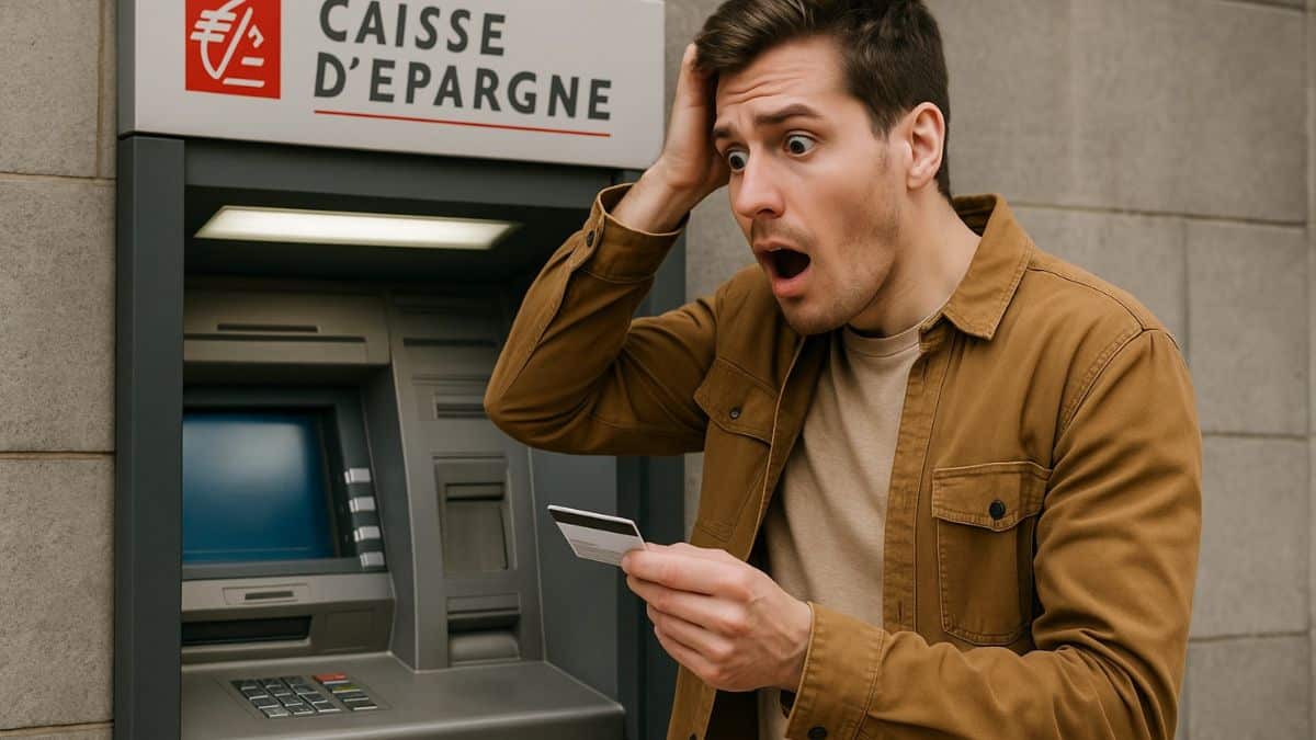 Un homme surpris en consultant sa carte devant un distributeur automatique de la Caisse d'Épargne.