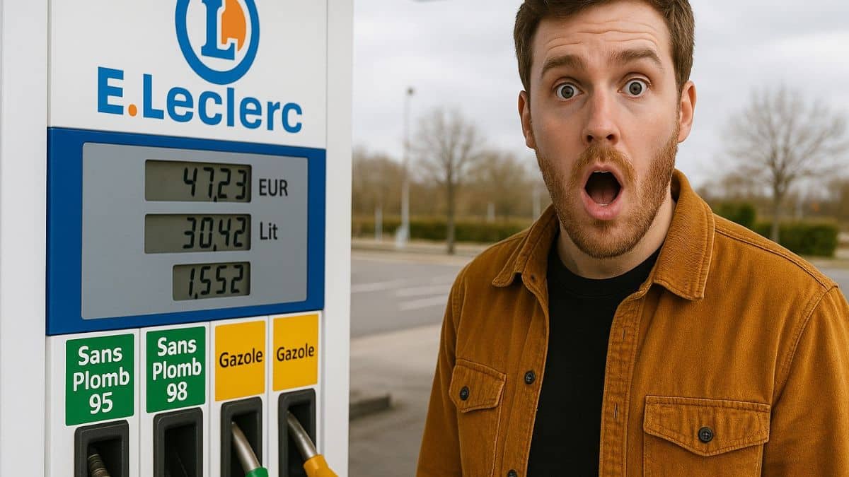 Homme étonné devant une pompe à essence Leclerc affichant les prix du carburant.