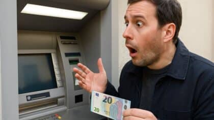 Un homme choqué en découvrant une nouvelle règle sur un distributeur automatique de billets.