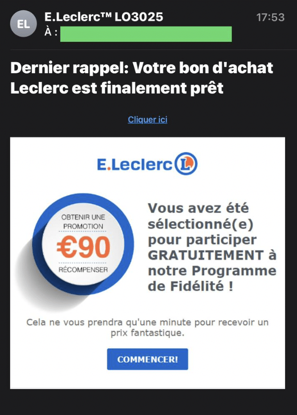 Cet email frauduleux prétend offrir une réduction de 90 euros chez Leclerc