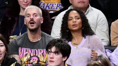Matt Pokora et Christina Milian lors d'un match des Lakers en décembre 2023