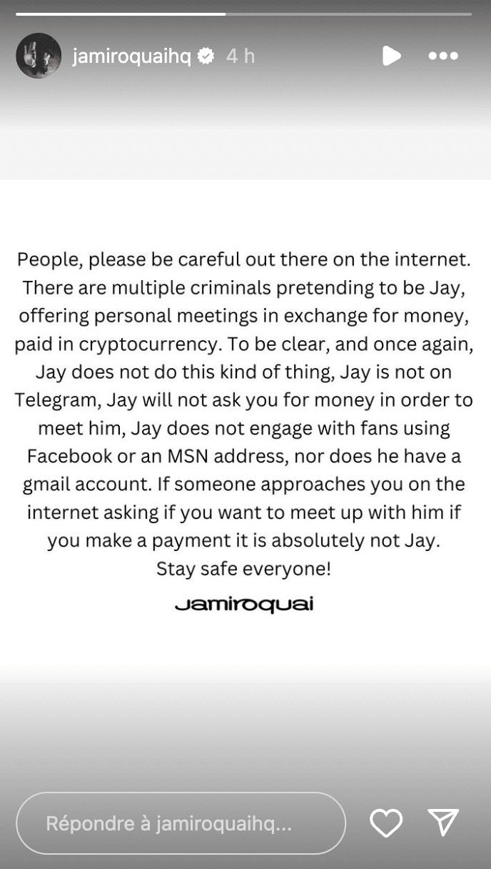 Jamiroquai a posté une story pour alerter sur des escrocs usurpant l'identité de Jay Kay
